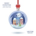 Christmas glass ball with small old town. Vector realistic Xmas snow globe illustration. Royalty Free Stock Photo