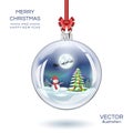 Christmas glass ball with snowman and Christmas fir tree. Vector Xmas snow globe. Illustration. Royalty Free Stock Photo