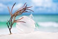 Christmas glass ball on white sand beach with seascape backgrou