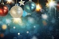 Christmas glass balls on the blurred background with bokeh. Winter holidays greeting card. Generated AI. Royalty Free Stock Photo