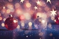 Christmas glass balls on the blurred background with bokeh. Winter holidays greeting card. Generated AI. Royalty Free Stock Photo