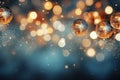 Christmas glass balls on the blurred background with bokeh. Winter holidays greeting card. Generated AI. Royalty Free Stock Photo