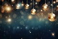 Christmas glass balls on the blurred background with bokeh. Winter holidays greeting card. Generated AI. Royalty Free Stock Photo