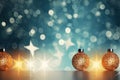 Christmas glass balls on the blurred background with bokeh. Winter holidays greeting card. Generated AI. Royalty Free Stock Photo