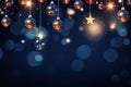 Christmas glass balls on the blurred background with bokeh. Winter holidays greeting card. Generated AI. Royalty Free Stock Photo