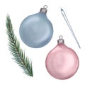 Christmas glass balls and spruce branch digital watercolor style illustration isolated on white. Set of New year Royalty Free Stock Photo