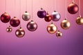 Christmas glass baubles elegantly hang against a gradient of burgundy, purple, & lavender background, blending festive charm with