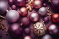 Christmas glass baubles elegantly hang against a gradient of burgundy, purple, & lavender background, blending festive charm with