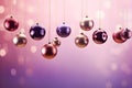 Christmas glass baubles elegantly hang against a gradient of burgundy, purple, & lavender background, blending festive charm with 