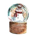 Christmas scene with glass snow globe with snowman. Winter Holiday hand drawn watercolor illustration Royalty Free Stock Photo