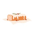 Christmas glazed fruit Stollen with holly berries. Traditional German fruit cake. Vector illustration in cartoon style. 