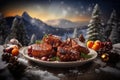 christmas glazed pork medallions in plum sauce with a snowy mountain backdrop