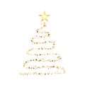 Christmas glitter tree. Gold xmas tree with shining star. Happy New Year card. Neon light garland. Celebration banner