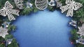 Christmas glittery blue background with white, silver and blue decor