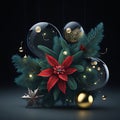 Christmas gliwing light background with fir branches, glass balls and flower. generative AI Royalty Free Stock Photo