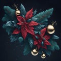 Christmas gliwing light background with fir branches, glass balls and flower. generative AI Royalty Free Stock Photo