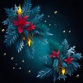 Christmas gliwing light background with fir branches, glass balls and flower. generative AI Royalty Free Stock Photo