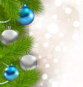 Christmas glowing background with fir branches and glass balls Royalty Free Stock Photo