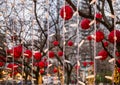 Christmas glowing Golden lights and red balls Background. Gold Holiday New year Abstract Glitter Defocused Background Royalty Free Stock Photo