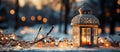 Christmas glowing lantern stands on snowy ground against bokeh of holiday lights, view from ground plane, copy space. AI-Generated Royalty Free Stock Photo