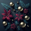 Christmas gliwing light background with fir branches, glass balls and flower. generative AI Royalty Free Stock Photo