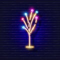 Christmas glowing lights tree garland neon sign. Glowing garland flashlights icon. New Year and Christmas concept. Vector