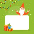 Christmas Gnome Holding Blank Banner, Winter Holidays Background, Greeting Card, Sale Advertising Poster Cartoon Vector