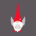 Christmas Gnome holding snowflake isolated on transparent background. Cute angel gnome. Vector illustration