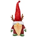 Christmas Gnome Wearing Santa Claus Red Hat isolated on white background. Watercolor hand paint Cute Scandinavian Dwarfs,Vector