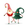 Christmas gnomes. Cute happy two friends - one hidden in christmas tree Royalty Free Stock Photo