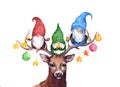 Christmas gnomes on deer horns with baubles and stars. Scandinavian dwarves and cute reindeer animal. Watercolor for