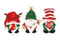 Christmas Gnomes in holiday hats, scandinavian gnome with decoration in hands - sock, garland, snoflake, male nordic