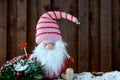 Festive Christmas Gnome and Santa Claus Wishing Xmas on a Decorative Table with Wooden Wall Background Royalty Free Stock Photo