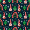 Cute Christmas gnomes with boho rainbow , Christmas trees and snowflakes over dark blue background. bric