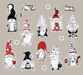 Christmas gnomes Stickers. Collection Scandinavian gnomes with Christmas tree and sweets and New Years gnome girl with