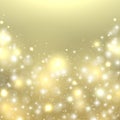 Christmas gold background. New Year glowing light backdrop. Holiday design with sparkle stars, snowflakes, snow and Royalty Free Stock Photo