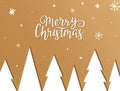 Christmas gold background with trees, snow, snowflakes and hand lettering. Merry Christmas hand drawn phrase. Xmas card Royalty Free Stock Photo