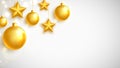 Christmas gold balls and stars garland on white banner. Golden glass xmas toys. Luxury hanging baubles with ribbon Royalty Free Stock Photo