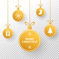 Christmas gold bauble. Winter holiday tag. Bright golden xmas balls with christmas tree, present, snowflakes, ribbon and Royalty Free Stock Photo