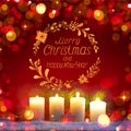 Four burning Advent candles and decoration. . Christmas background. Royalty Free Stock Photo