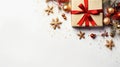 Christmas gold gift box with red ribbon and ornaments on white backdrop, Merry Christmas background with copy space. Generative AI Royalty Free Stock Photo