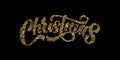 Christmas gold glittery lettering calligraphy on vector black background. Sparkling stars and gold glitter particles shine text