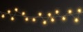 Christmas gold lights on transparent long banner. Glowing golden garland lights. Led neon lamp. Bright decoration for Royalty Free Stock Photo