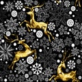 Christmas gold reindeer and snow seamless pattern