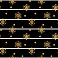 Christmas Gold Snowflake Seamless Pattern. Golden Glitter Snowflakes On Black White Lines Background. Winter Snow