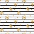 Christmas gold snowflake seamless pattern. Golden glitter snowflakes on black white lines background. Winter snow Royalty Free Stock Photo