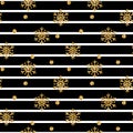 Christmas Gold Snowflake Seamless Pattern. Golden Glitter Snowflakes On Black White Lines Background. Winter Snow