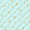 Christmas gold snowflake seamless pattern. Golden glitter snowflakes on blue white diagonal lines background. Winter Royalty Free Stock Photo