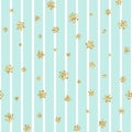 Christmas gold snowflake seamless pattern. Golden glitter snowflakes on blue white lines background. Winter snow texture Royalty Free Stock Photo