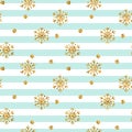 Christmas gold snowflake seamless pattern. Golden glitter snowflakes on blue white lines background. Winter snow texture Royalty Free Stock Photo